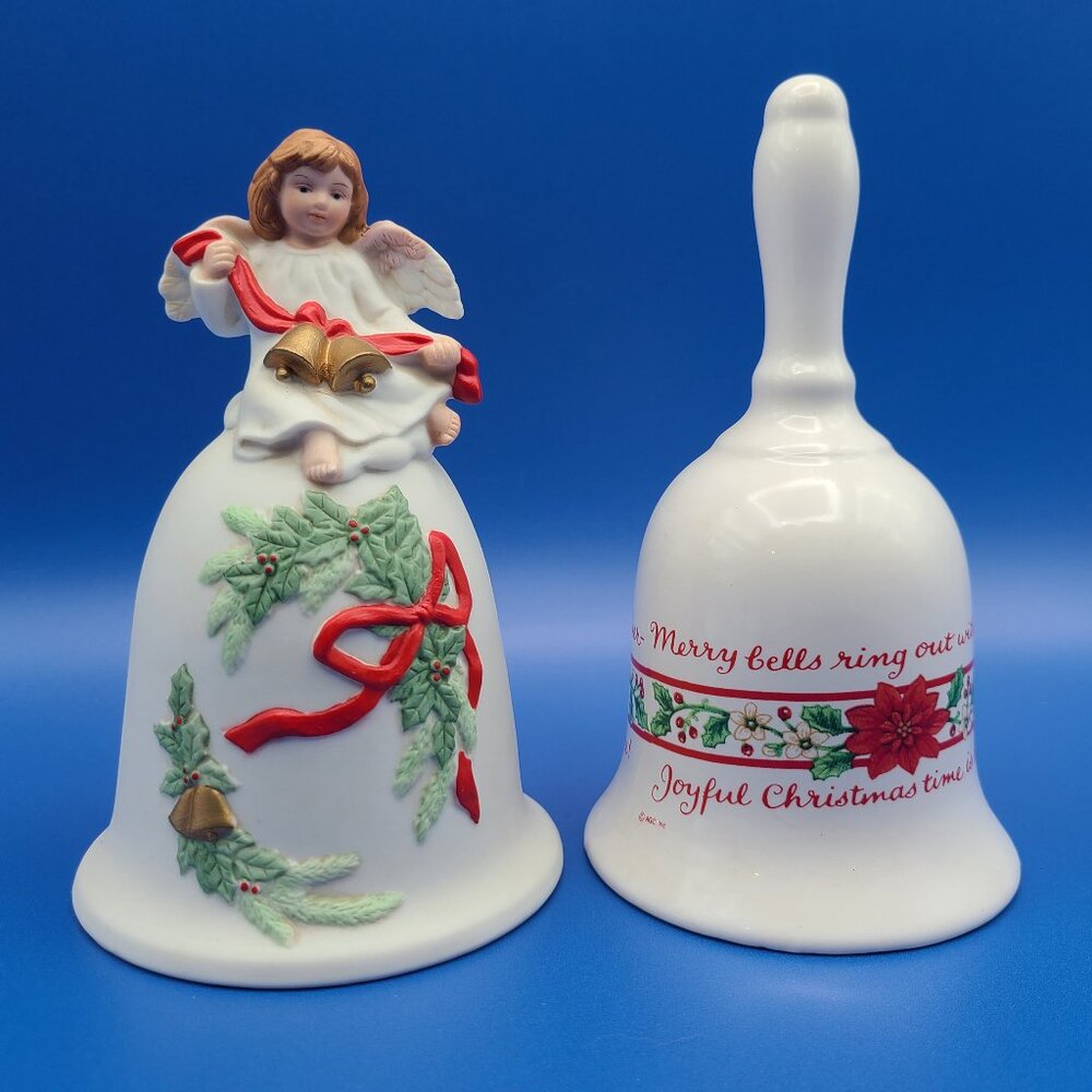 2 Vintage Christmas Bells Bisque Homco Angel 5213 Plus Porcelain AGC Hand Bell